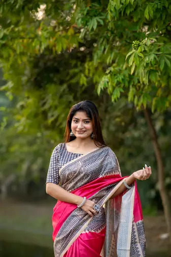 Pink Tussar silk blend Printed Saree Festive Wear