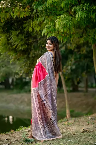 Pink Tussar silk blend Printed Saree Festive Wear