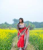 Red Tussar Silk Printed Saree Festive Wear