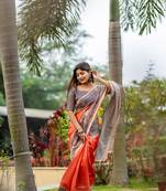 Orange Tussar Silk Printed Saree Festive Wear