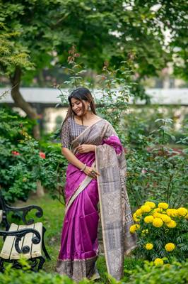 Purple Tussar silk blend Printed Saree Festive Wear 1