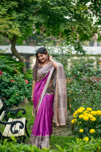 Purple Tussar silk blend Printed Saree Festive Wear