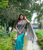 Firozi Tussar Silk Printed Saree Festive Wear