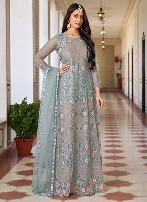 Light grey butterfly net embroidery designer anarkali suit 1