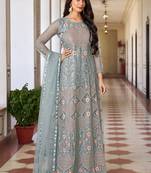Light grey butterfly net embroidery designer anarkali suit
