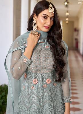 Light grey butterfly net embroidery designer anarkali suit 2