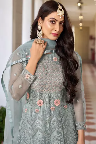 Light grey butterfly net embroidery designer anarkali suit