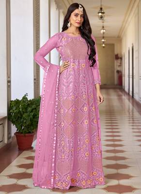 Pink butterfly net embroidery designer anarkali suit 1