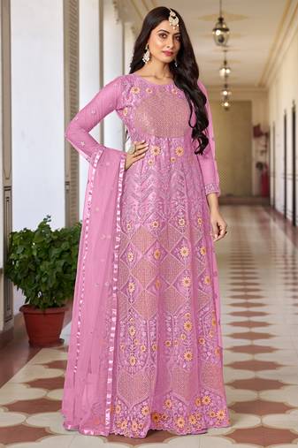 Pink butterfly net embroidery designer anarkali suit