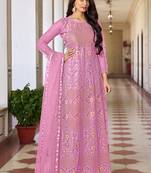 Pink butterfly net embroidery designer anarkali suit