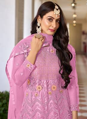 Pink butterfly net embroidery designer anarkali suit 2