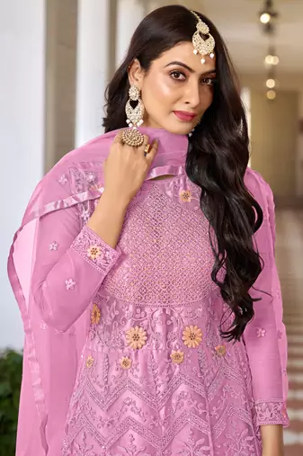 Pink butterfly net embroidery designer anarkali suit