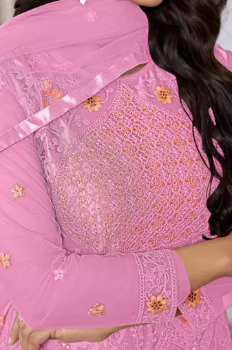 Pink butterfly net embroidery designer anarkali suit