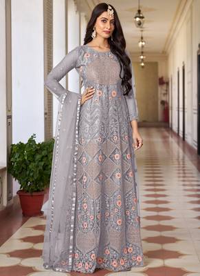Grey butterfly net embroidery designer anarkali suit 1