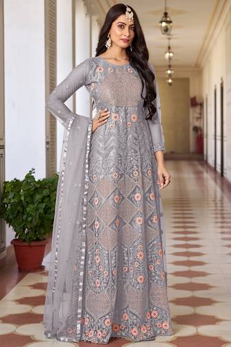 Grey butterfly net embroidery designer anarkali suit