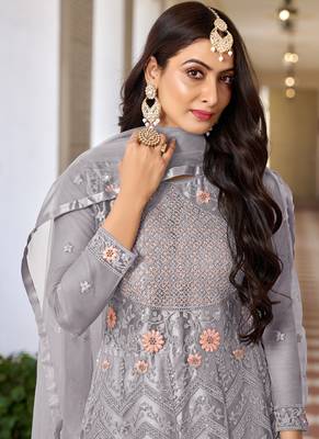 Grey butterfly net embroidery designer anarkali suit 2