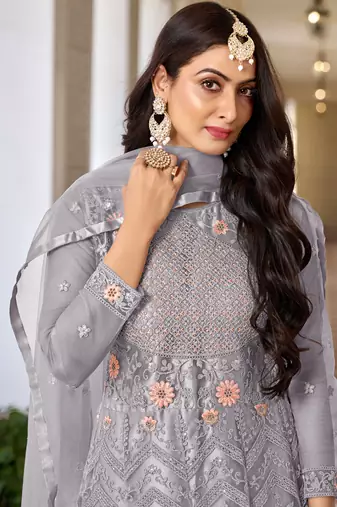 Grey butterfly net embroidery designer anarkali suit