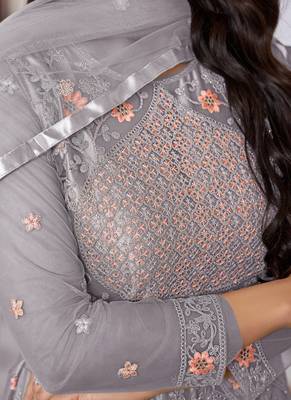 Grey butterfly net embroidery designer anarkali suit 3