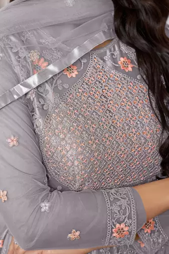 Grey butterfly net embroidery designer anarkali suit