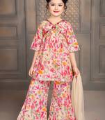 White Button Soft PolyCotton MultiColor Floral Digital print Alia Cutt Style  Palazzo Suit For Girls kids Dress
