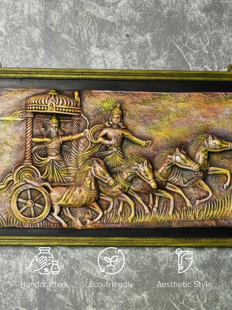 "SOWPEACE Handcrafted Terracotta Mahabharata Warriors' Celestial Chariot Wall Art | Premium Decor"
