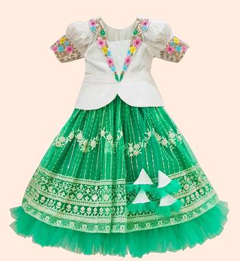 Rama Green New south Indian traditional collar net pattu pavadai Lehenga choli for girls dress 1
