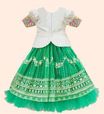 Rama Green New south Indian traditional collar net pattu pavadai Lehenga choli for girls dress 2