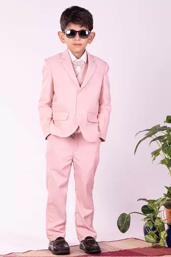 Boys' White And Pink Shirt Blazer Waist Coat And Pant