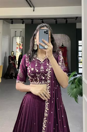Women's Vichitra Silk With Sequins and Thread Work Lehenga Choli