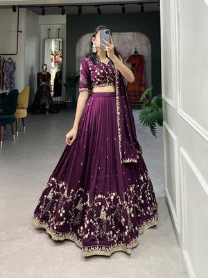 Women's Vichitra Silk With Sequins and Thread Work Lehenga Choli 3