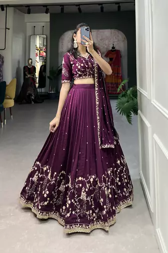 Women's Vichitra Silk With Sequins and Thread Work Lehenga Choli