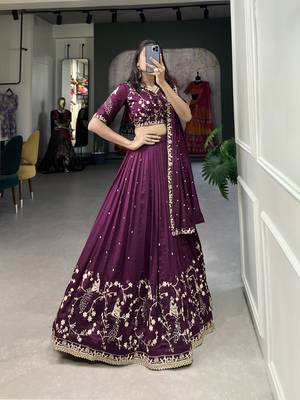 Women's Vichitra Silk With Sequins and Thread Work Lehenga Choli 4
