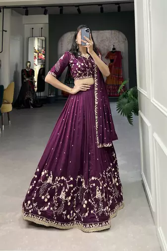Women's Vichitra Silk With Sequins and Thread Work Lehenga Choli