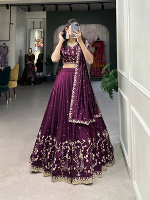 Women's Vichitra Silk With Sequins and Thread Work Lehenga Choli 5