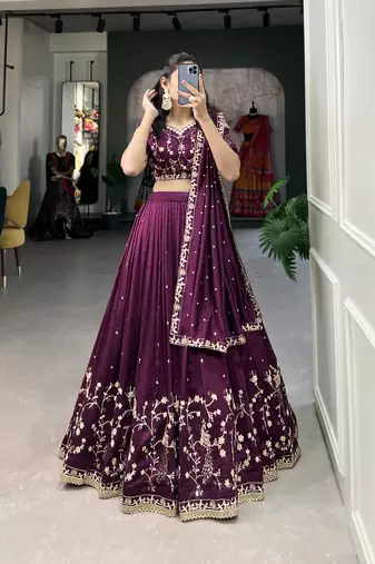 Women's Vichitra Silk With Sequins and Thread Work Lehenga Choli