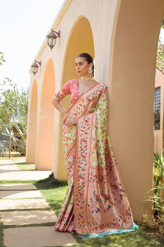 Pista Soft katan silk blend Zari Weaving Saree Festive Wear
