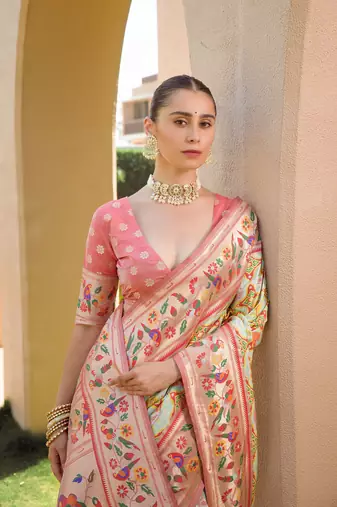 Pista Soft katan silk blend blend Zari Weaving Saree Festive Wear