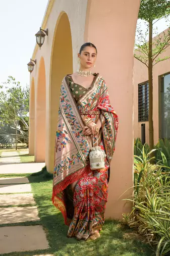 Red Soft katan silk blend blend Zari Weaving Saree Festive Wear