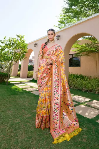 Yellow Soft katan silk blend blend Zari Weaving Saree Festive Wear
