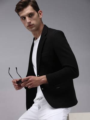 Men Solid Open Front Notched Lapel Black Blazer 1