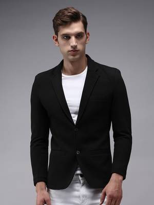 Men Solid Open Front Notched Lapel Black Blazer 2