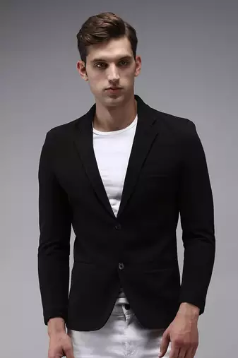 Men Solid Open Front Notched Lapel Black Blazer