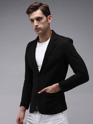 Men Solid Open Front Notched Lapel Black Blazer 3