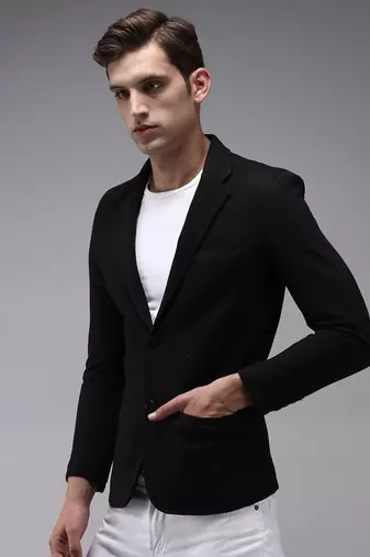 Men Solid Open Front Notched Lapel Black Blazer