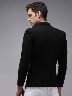 Men Solid Open Front Notched Lapel Black Blazer 4
