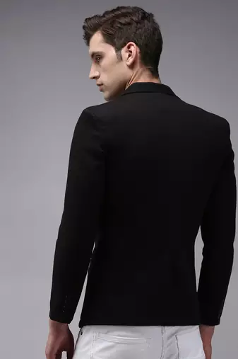 Men Solid Open Front Notched Lapel Black Blazer