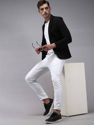 Men Solid Open Front Notched Lapel Black Blazer 5