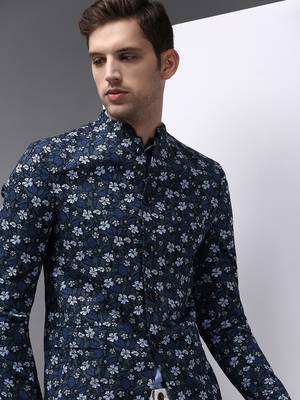Men's Mandarin Collar Blue Printed Blazer 1