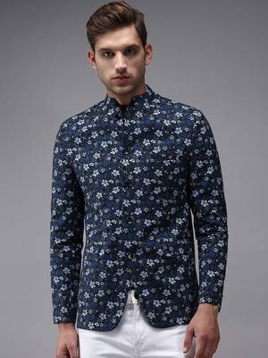 Men's Mandarin Collar Blue Printed Blazer 2