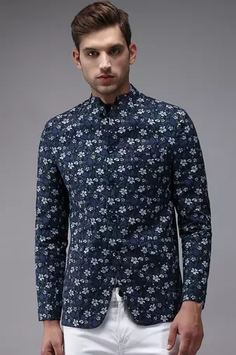 Men's Mandarin Collar Blue Printed Blazer